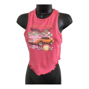Super cute pink GM Corvette rolled hem cropped racerback tank top size small new